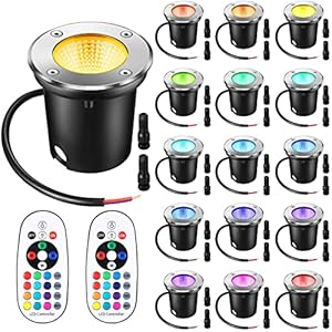 Tuanse 16 Pack 10W Low Voltage Landscape Lights with 32 Connectors and 2 Remotes, RGBW Colored LED Well Lighting 12V-24V Waterproof Outdoor In Ground Lights for Garden Pathway Deck Lights