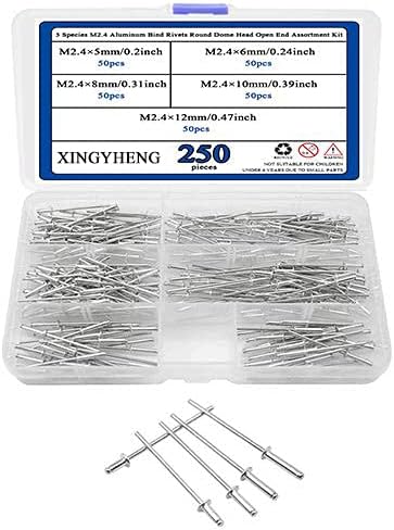 XINGYHENG 250PCS 5 Species M2.4 Aluminum Blind Rivets Round Dome Head Open End Super Fasteners Pop Rivets Assortment Kit