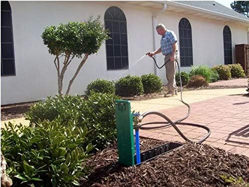 A man watering plants with a hose connected to The Waterbox, which is open in the garden.
