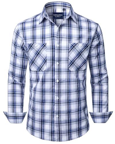 Alimens & Gentle Blue Plaid Shirt Men Long Sleeve Dress Shirt Regular Fit Formal Check Daily Office Button Down Shirts