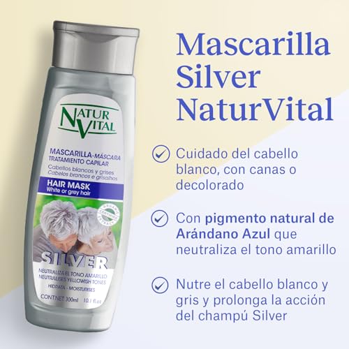 NaturVital - Mascarilla Silver Cabellos Blanco y Gris, Mascarilla Matizadora sin Sulfatos ni Parabenos, Neutraliza Tonos Amarillos y Rubios, Matizador de Pelo Gris, con Pigmento Azul, 300 ml