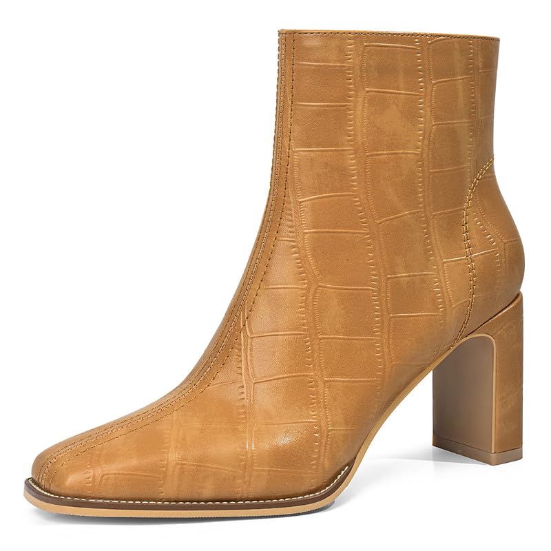 Womens Chunky Heel Light Brown Ankle Boots for Women Retro Square Toe Side Zipper Booties Comfortable Short Fall