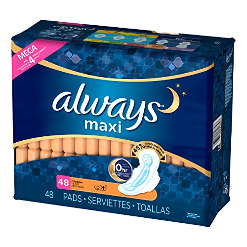 Always Maxi Size 4 Overnight Feminine Pads With Wings, Unscented, 48 Count (Packaging May Vary) #TOP3