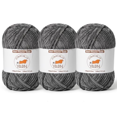 Image of 3 Pack Dark Gray Fluffy Velvet Yarn for Crocheting, Chunky Chenille Baby Blanket Yarn for Crocheting, Soft Fuzzy Puzzle Yarn for Knitting, (100g /3.53oz Each) Bulky Thick Amigurumi Crochet Yarns