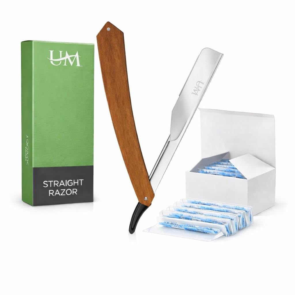 UM Supplies Straight Razors for Men – Professional Barber Straight Edge Razor Kit with 10 Replaceable Insert Single Edge Blades - Navajas Para Barbero