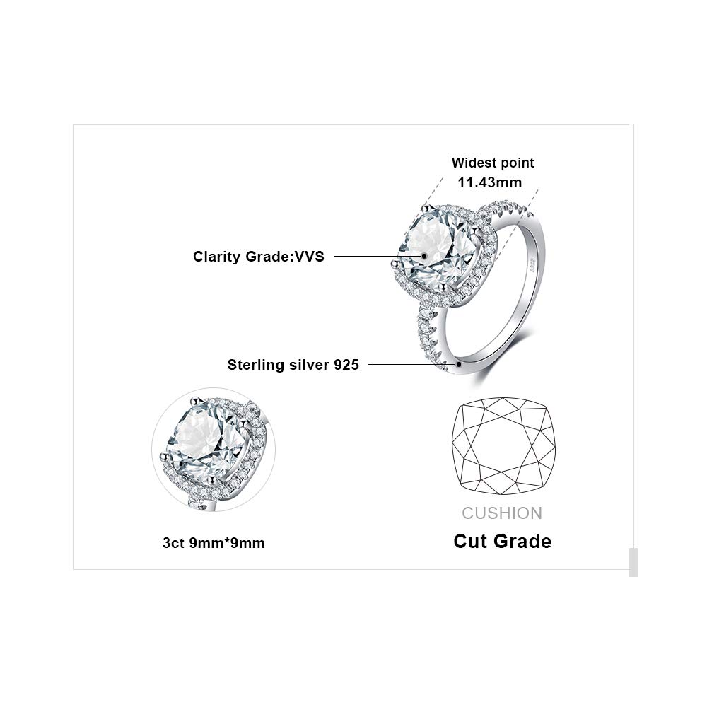JewelryPalace Bague de Fiançailles Anneau d'Alliance pour Femme, Coussin 3ct Zircone Cubique Mariage Promise Engagement Bague en Argent 925, Bijoux Femme Plaqué Or Jaune Or Rose Cadeau Anniversaire