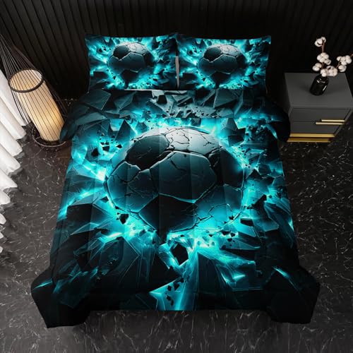 Image of Nttopship Soccer Bedding Comforter Set Full Size for Kids Teens and Adults, Turquoise Black Football Printed Bedding Sets 3 PCS,Ball Sports Themed Bedroom Decor with 1 Comforter and 2 Pillowcases