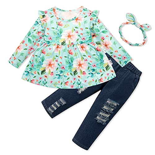 Image of Baby Girl Clothes Outfits, Toddler Girl Ruffle Floral Long Sleeve Tops with Ripped Jeans Pants and Headband 6M-4T - 3 Pack