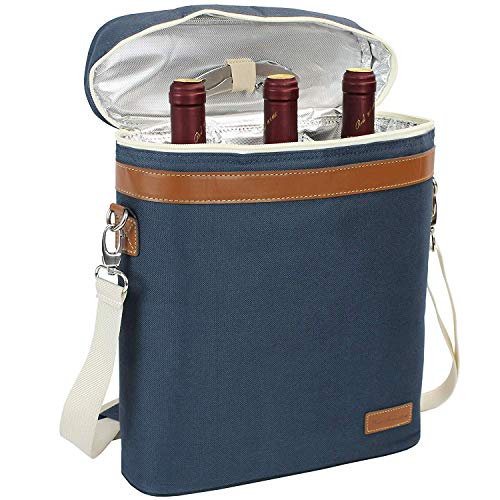 image for ZORMY 3 Bottle Insulated Wine Tote Cooler Bag, Portable Carrier with C