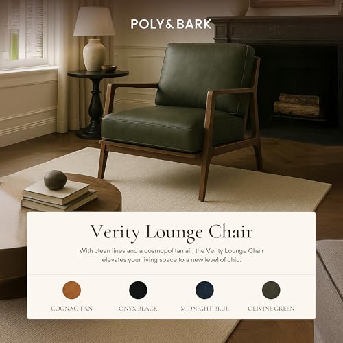 Image of Poly & Bark Verity Leather Accent Chair - Armchair with Walnut Wood Frame - Fashion-Forward Lounge Seating for Living Room - Upholstered in Olivine Green Leather for Modern Style