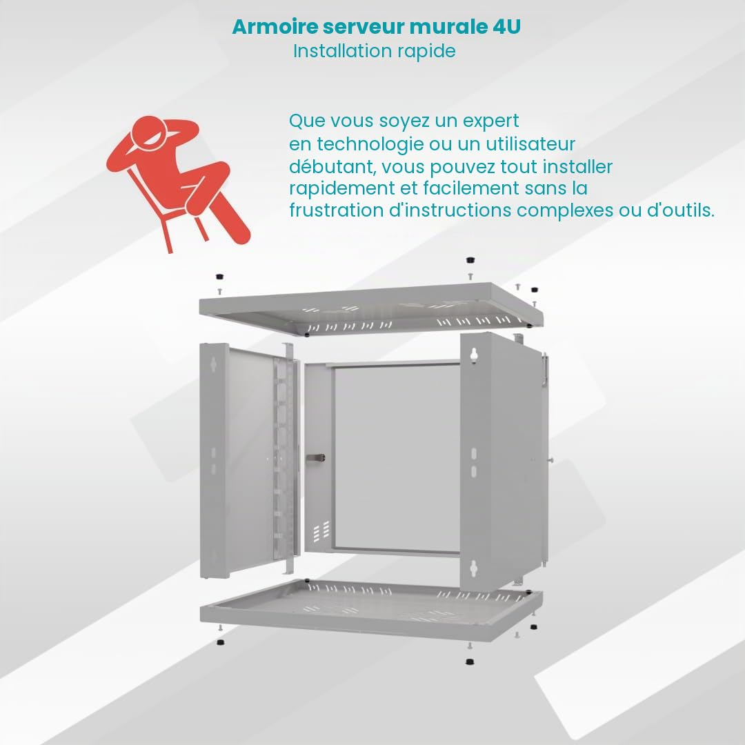 Armoire Réseau 19 Pouces - Baie Informatique 4U - Baie de Brassage pour Montage Mural - Capacité de Charge 40 kg - Profondeur 350 mm - Armoire Informatique - Gris