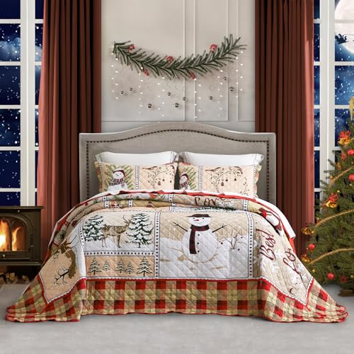 Image of HZ & HY Christmas Oversized Bedspread 128x120 Extra Wide, Winter Snowman Pattern Bedding Quilt, Rustic Lodge Plaid Patchwork Comforter Set, Lightweight & Soft Microfiber, 3 Piece, Cal King