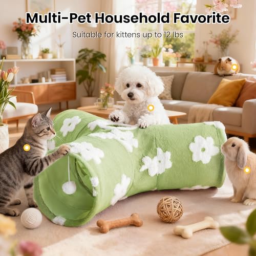 Image of Tempcore Flannel Cat Tunnel for Indoor Cats, 3 Way Collapsible Pet Play Tunnel with Teaser Wand, Peek Holes & Hanging Ball, Interactive Tube for Kittens & Rabbits, Daisy Green