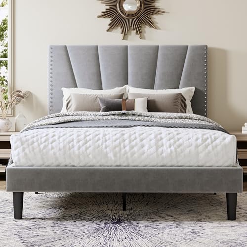 Image of Allewie Full Size Velvet Platform Bed Frame with Adjustable Headboard, Grey | Height-Adjustable Velvet Headboard, Rivet-Style Nailhead Trim, Wooden Slat Support, No Box Spring Needed, Easy Assembly
