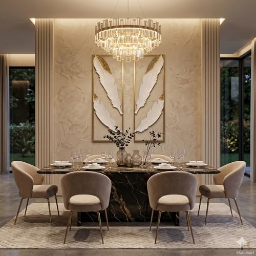Image of iHandikart Metal Wall Art for Living Room, Set of 2 Feather Wall Decor Panels, Modern Luxury Iron Wall Sculpture, Gold White Wall Hanging for Home Decor, Bedroom, Hallway & Office, 36 * 12 inch Each