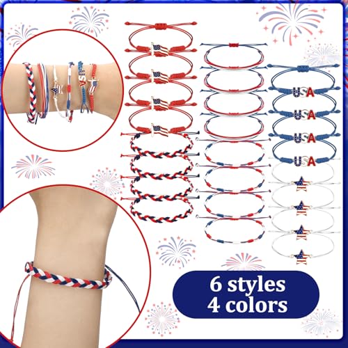 Image of 24 Pcs 4th of July Bracelets Red White and Blue Bracelets Patriotic USA American Flag String Woven Wristband Bulk 4th of July Party Favors for 250th Anniversary Independence Day Parade Supplies