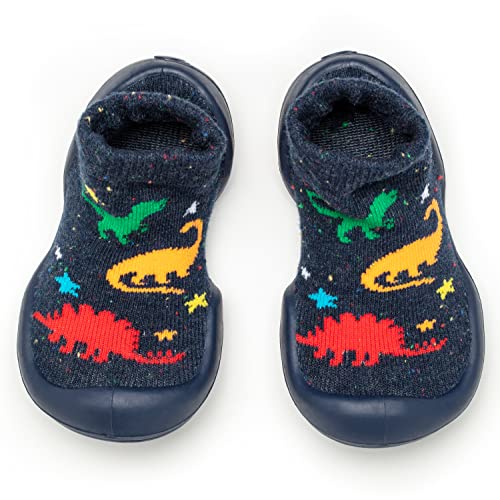 Komuello Baby Toddler Dinosaur Walking Shoes, Easy Slip-on, First Walker, Non-Slip, Soft Cotton, Premium Sock Shoes, Unisex - Size 7 (Dinos, 18-24 Months)