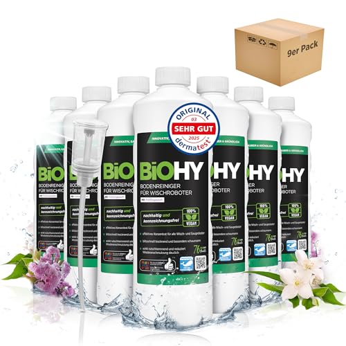 BiOHY Nettoyant de sol pour robot laveur Station avec parfum de printemps (9 x 1 litre) + doseur | Nettoyant concentré pour tous les nettoyeurs et robots aspirateurs avec fonction humide | Faible