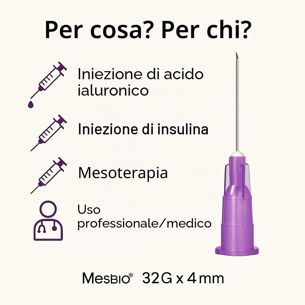 Ago medico 32 G x 4 mm – Confezione da 100 aghi microneedling sterili, micro needling viso, ago siringa medica, per iniezione e cura microneedling professionale