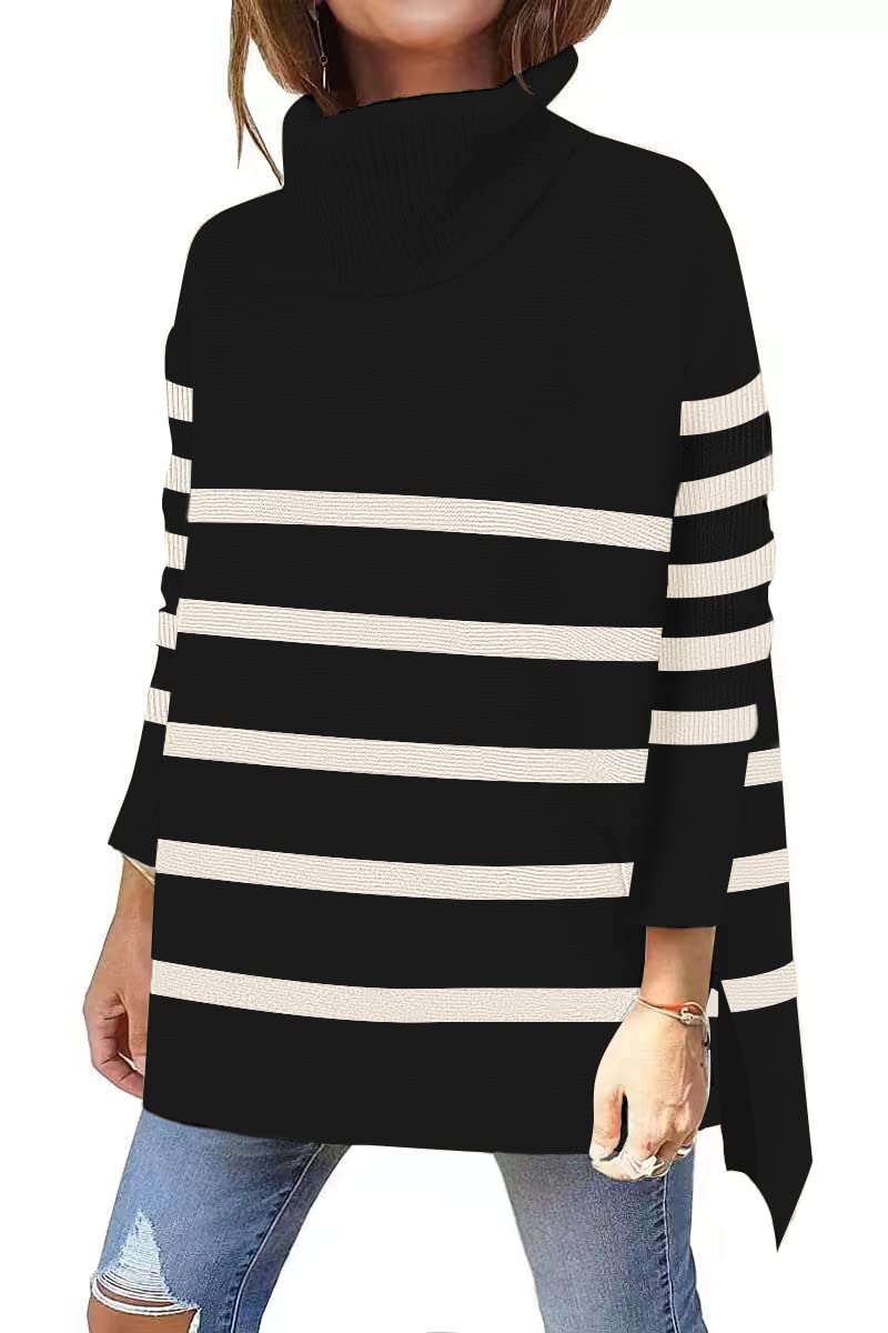 Women's Turtleneck Oversized Sweaters Long Sleeve Split Hem Striped Knit Pullover Tops