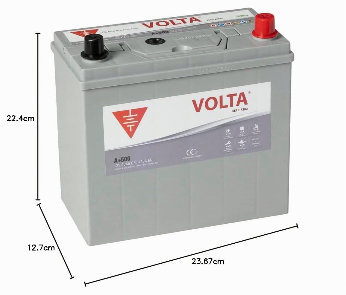Bateria de Coche Marca Asiática 50Ah 450A - Borne +Dcha - Medidas Largo 237 x Ancho 127 x Alto 224 mm con 2 años de Garantía - Fabricación Europea.
