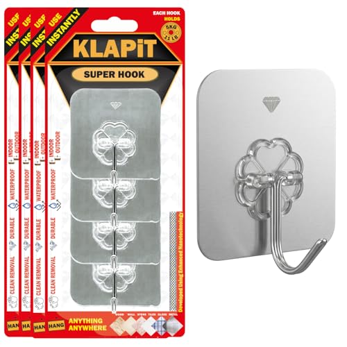Image of KLAPiT Super Hook - Heavy Duty Adhesive Wall Hooks, No Drilling, Waterproof, Damage-Free Hanging Solution for Bedroom, Bathroom, and Kitchen Items - Silver, 16 pcs.