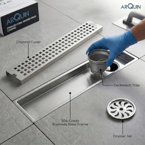 Image of ARQUIN Shower Drain Channel 24x4 Inch Floor Drainer 304 Grade Stainless Steel Bathroom Floor Drainer Water Drain Jali Channel for Bathroom with Cockroach Trap (1mm Thickness)