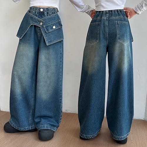Jeans for Girls Baggy Wide Leg Trendy Hip Hop Denim Pants Elastic High Waisted Y2K Boyfriend Skater Streetwear 5-14Y2
