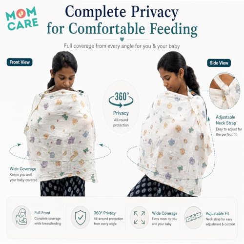 Image of MOM CARE 6 Layer Muslin Nursing Cover for Breastfeeding | Ultra Soft Muslin Feeding Apron for Moms | Breathable Breastfeeding Cover | Baby Feeding Privacy Cover | Muslin Nursing Shawl | White