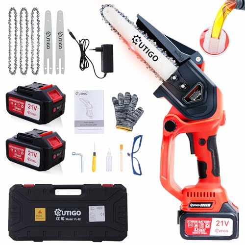 OUTIGO Mini Akku Kettensäge, 8 zoll Elektro-Kettensäge, 2 * 3000mAh Akkus, 4 Ketten +3...