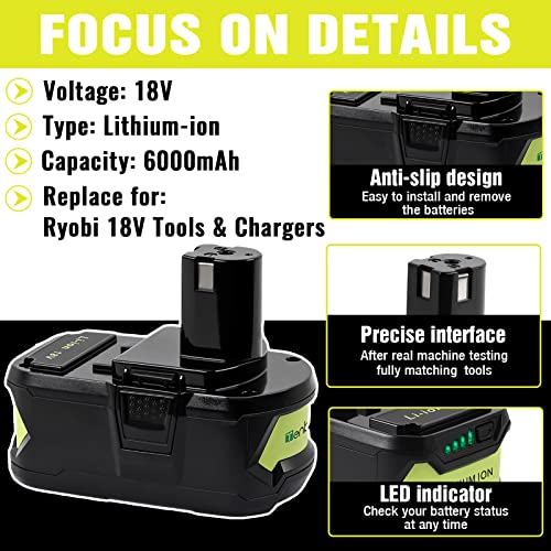 TenHutt 【Upgrade】 2 Packs 6.0Ah Lithium Replacement Battery for Ryobi 18V ONE+ Cordless Power Tool P108(130429054) Compatible with P102 P103 P104 P105 P107 P108 Lithium Battery by TenHutt - Image 4
