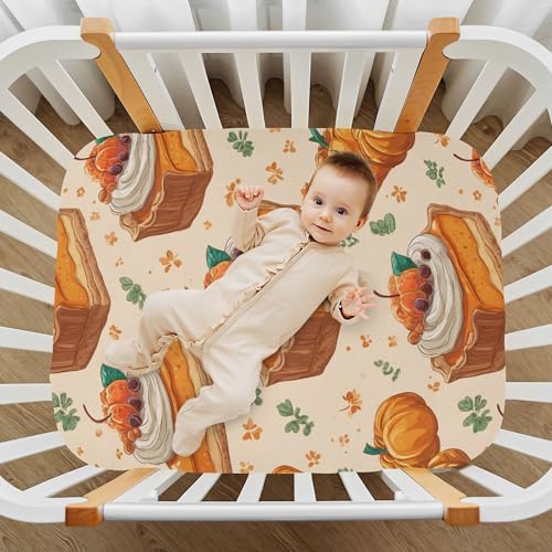 Image of Thanksgiving Fall Pumpkins Pies Crib Sheets Soft Breathable Fitted Baby Crib Sheets Mattress Cover for Girls Boys, 52 inch x 28 inch x 9 inch
