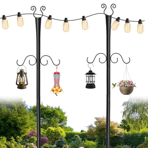 BEMTTALY 2 Pack Outdoor Patio Light Poles for String Lights, 10Ft Heavy Duty Metal String Light Poles with Shepherds Hooks for Hanging Plant & Bird Feeder, Deck Pole for Outdoor Strings Lights