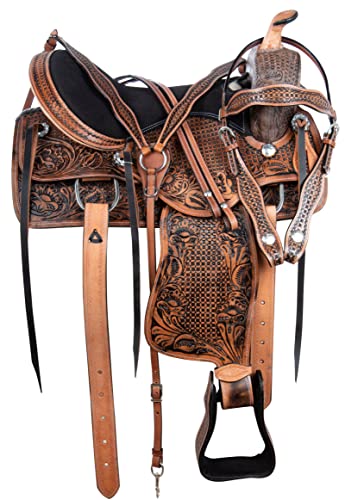 Acerugs All Natural Cowhide Western Leather Horse Saddle Comfy Seat Pleasure Trail Barrel Racing Hand Tooled Premium Saddle Tack Set Bridle Breast Collar (16) #TOP1