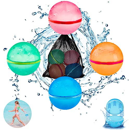 SOPPYCID Water Toys for Kids, Refillable Water Balloons Reusable, 4 PCS Multified Colorful Water Bombs for Summer Games, Quick Self Sealing Easy Use Water Balls, Pool Toys for Boys and Girls Gift