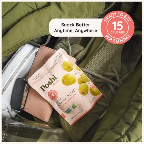 Image of POSHI Green Pitted Olive Snack Packs, Chili & Oregano, 1.1 oz (Pack of 30)
