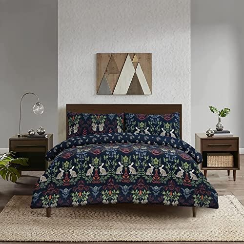 Nimsay Home Leaves Printed Fitted Sheet Set Cotton Blend Fade Resistant Easy Care Elastic Deep Pockets 28cm Bed Sheet with Pillowcases - Double Size (Midnight Blue, 135x190+28cm)