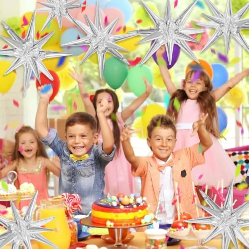 Image of Toys Treasure Silver Star Foil Balloons 22 Inch 7 Pcs - 4D Large Metallic Star Balloons for 70s Disco Party Birthday Graduation New Year Celebration Decorations