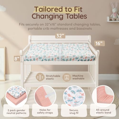 Image of Baby Changing Pad Covers Table Sheet 32 inchx16 inch, 8 inchDeep Pocket - Diaper Changing Pad Cover, 100% Cotton Jungle Leaves & Flamingo Sheets 2 Pack, Flamingo Baby Sheets, Designed in France, White-Coral Pink