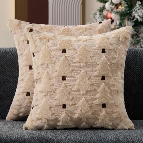 Image of Allorry Christmas Pillow Covers 18x18 inch Set of 2 Christmas Decorations Soft Plush Faux Fur Wool Beige Christmas Tree Throw Pillow Cases Winter Holiday Decor for Sofa Living Room PT-012R18