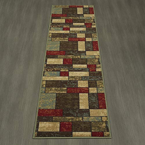Machine Washable Boxes Design Non-Slip Rubberback 2X7 Traditional Runner Rug For Hallway, Kitchen, Bedroom, Living Room, 1'10" X 7', Multicolor #TOP2