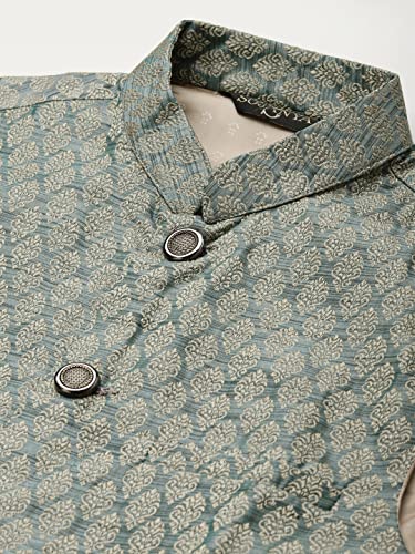 Image of SOJANYA (Since 1958 Men's Silk Blend Off White Kurta Pyjama & Maroon Self Design Nehru Jacket Combo