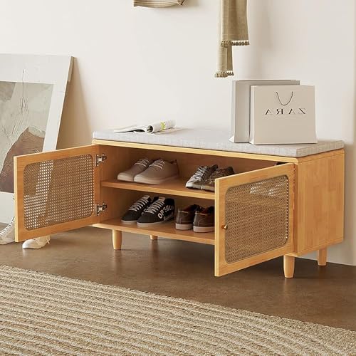 Banc rangement chaussures solide 158kg avec assise rotin
