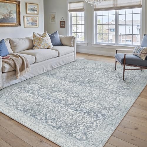 PureCozy Blue 5x7 Area Rug Washable Vintage Living Room Non Slip Carpet Low Plie Soft Indoor Bedroom Retro Accent Throw Large Rug for Office Kitchen Dining Room 5' x 7' (Rectangular) Vintage