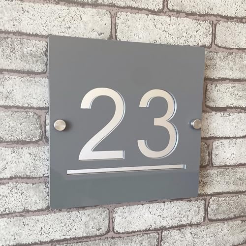 Plaque de numéro de maison personnalisable 3D en acrylique gris fumé et argenté avec adresse, plaque de porte intérieure et extérieure idéale pour maison, hôtel, appartement, magasin