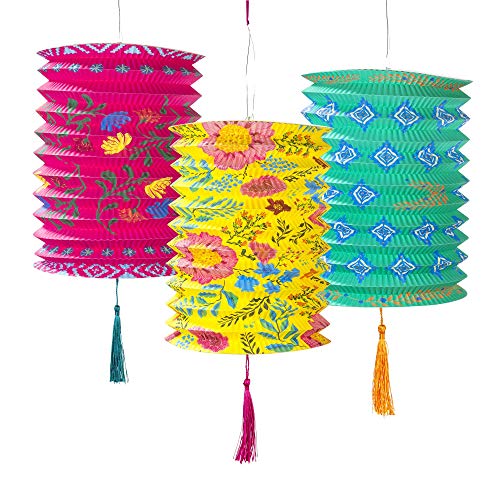 Talking Tables 3 x lanternas de papel com borlas chinesas rosa, amarelas e azuis decorações pendentes para festas mexicanas jardim charme ou estilo boho