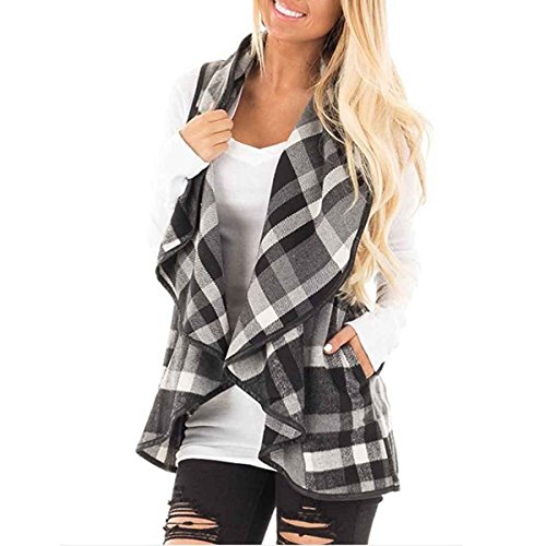 Women Casual Sleeveless Autumn Plaid Print Shawl Collar Cardigan Vest Coat XL Small Plaid-Grey