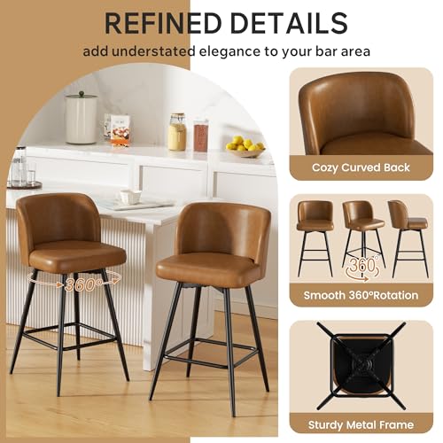 Image of Swivel Bar Stools Set of 6, 26 inch Counter Height Bar Stools with High Back and Metal Legs, Faux Leather Bar Chairs, Modern Barstools for Kitchen Island, Caramel