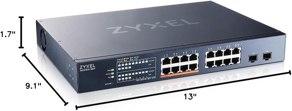 Zyxel 16 Port PoE 2.5Gb Switch | Smart Managed Network Ethernet Switch | 8X 2.5G + 8X PoE++ with 180W Budget + 2X 10G SFP+ Slots | Rack Mount | Smart Fan | Hybrid Mode Nebula Cloud | XMG1915-18EP