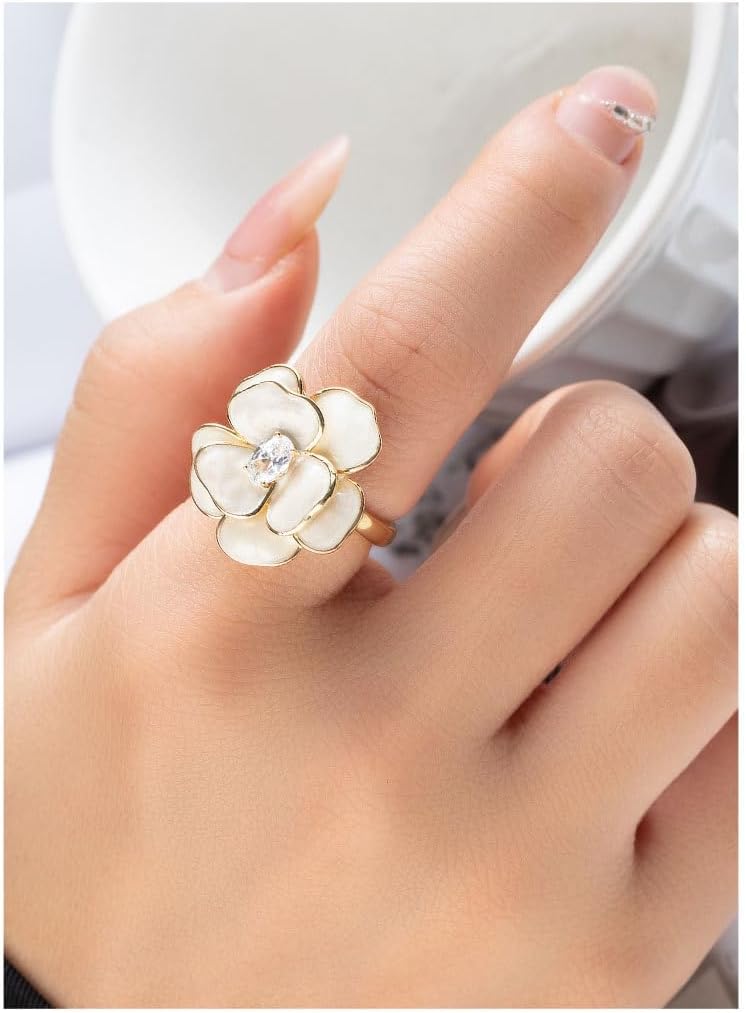 Kokoma Elegant Camellia Flower Ring for Women CZ Diamond Floral Statement Ring Open Wrap Finger Band Wedding Anniversary Promise Rings Dainty Jewelry - Image 3